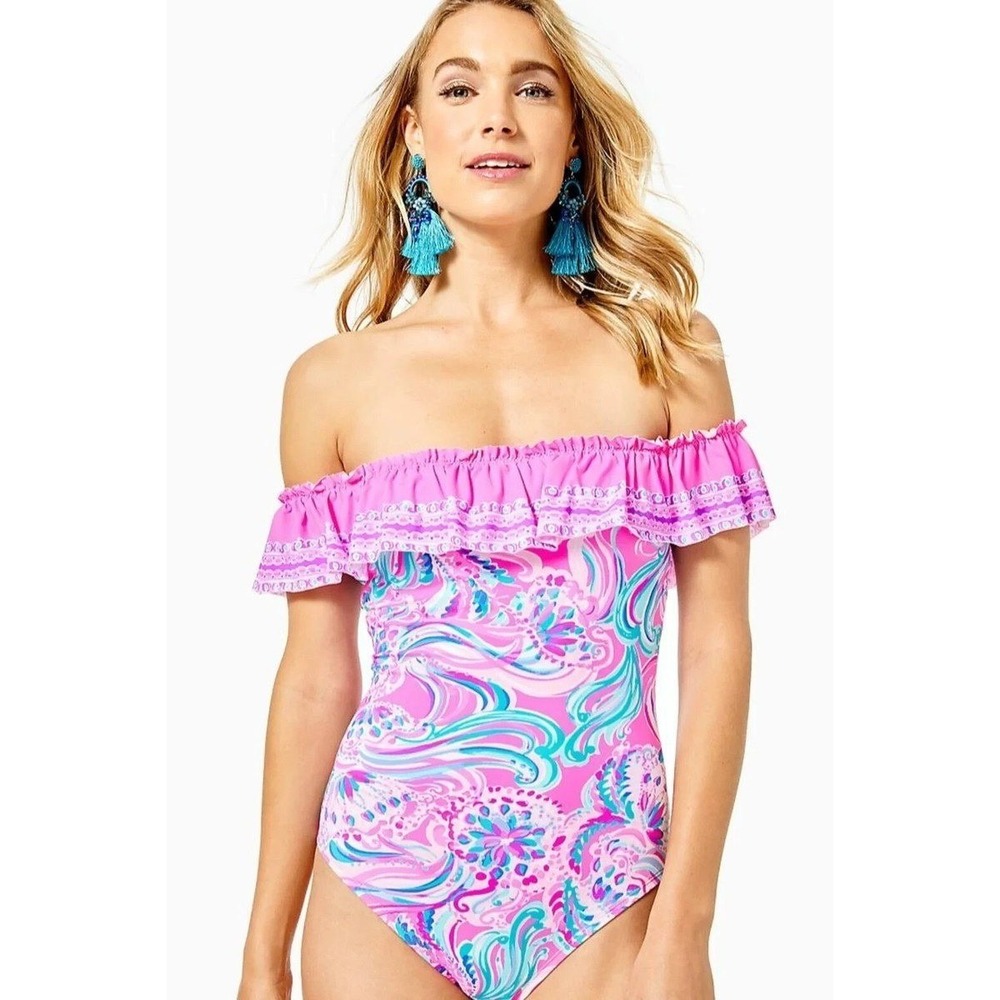 Lilly‎ Pulitzer Pink Paisley Off The Shoulder One Piece Swimsuit Size 8